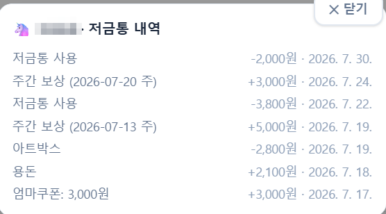 저금통 내역 화면. 아이 이름은 가렸다. 엄마쿠폰 3,000원 입금, 용돈 +2,100원, 아트박스 -2,800원, 주간 보상 +5,000원과 +3,000원, 저금통 사용 -2,000원과 -3,800원이 날짜와 함께 적혀 있다.